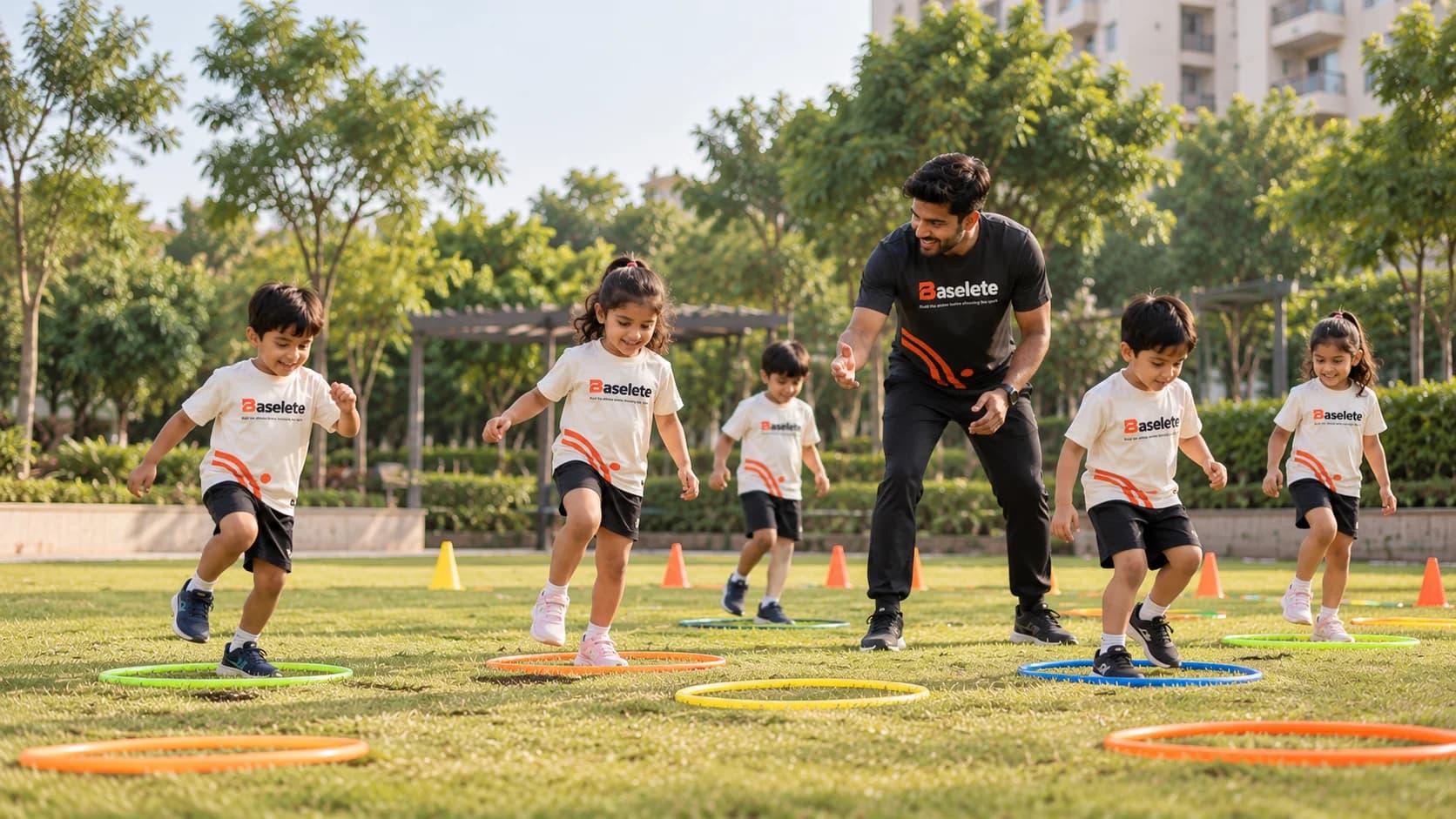 Illustrative Baselete scene: children and a Captain practising movement with hoops in a community garden